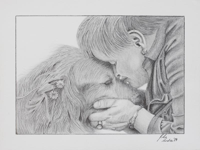 charcoal and pencil drawing of a woman kissing a dog's muzzle