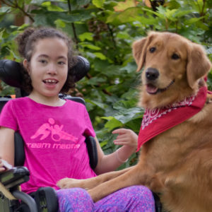 Girl wearing a pink shirt and leggings in a wheelchair with a golden retriever
