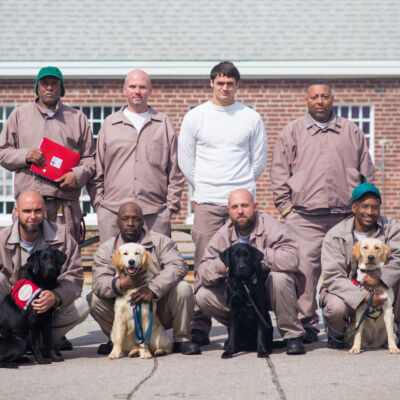 8 men pose in two rows with 4 dogs